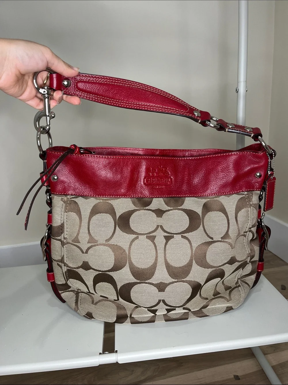 Coach Signature Canvas Hobo Bag in Red and Khaki